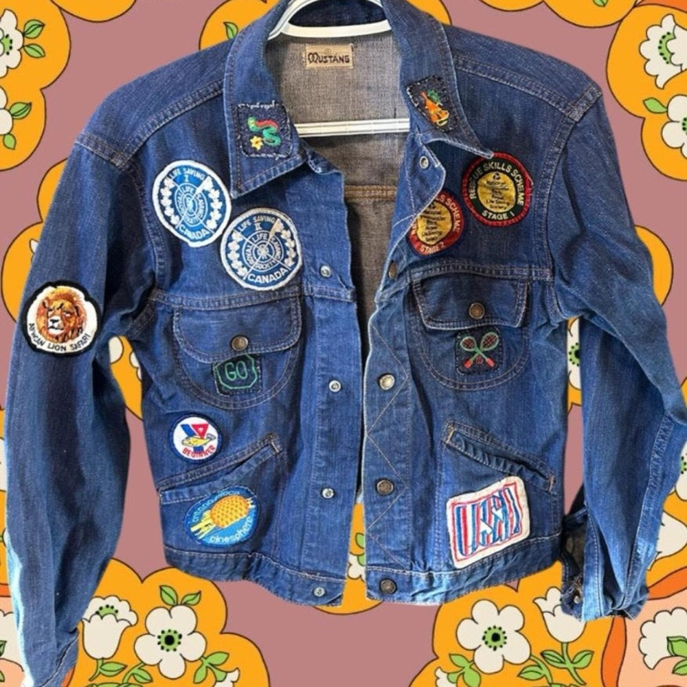 Vintage 1970s patchwork patches denim jean jacket mustang